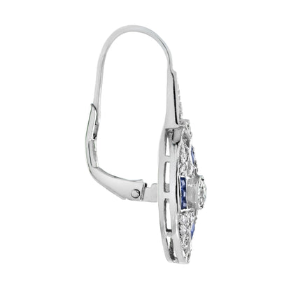 Round Diamond & French Cut Blue Sapphire Art Deco Style 14K White Gold Earrings