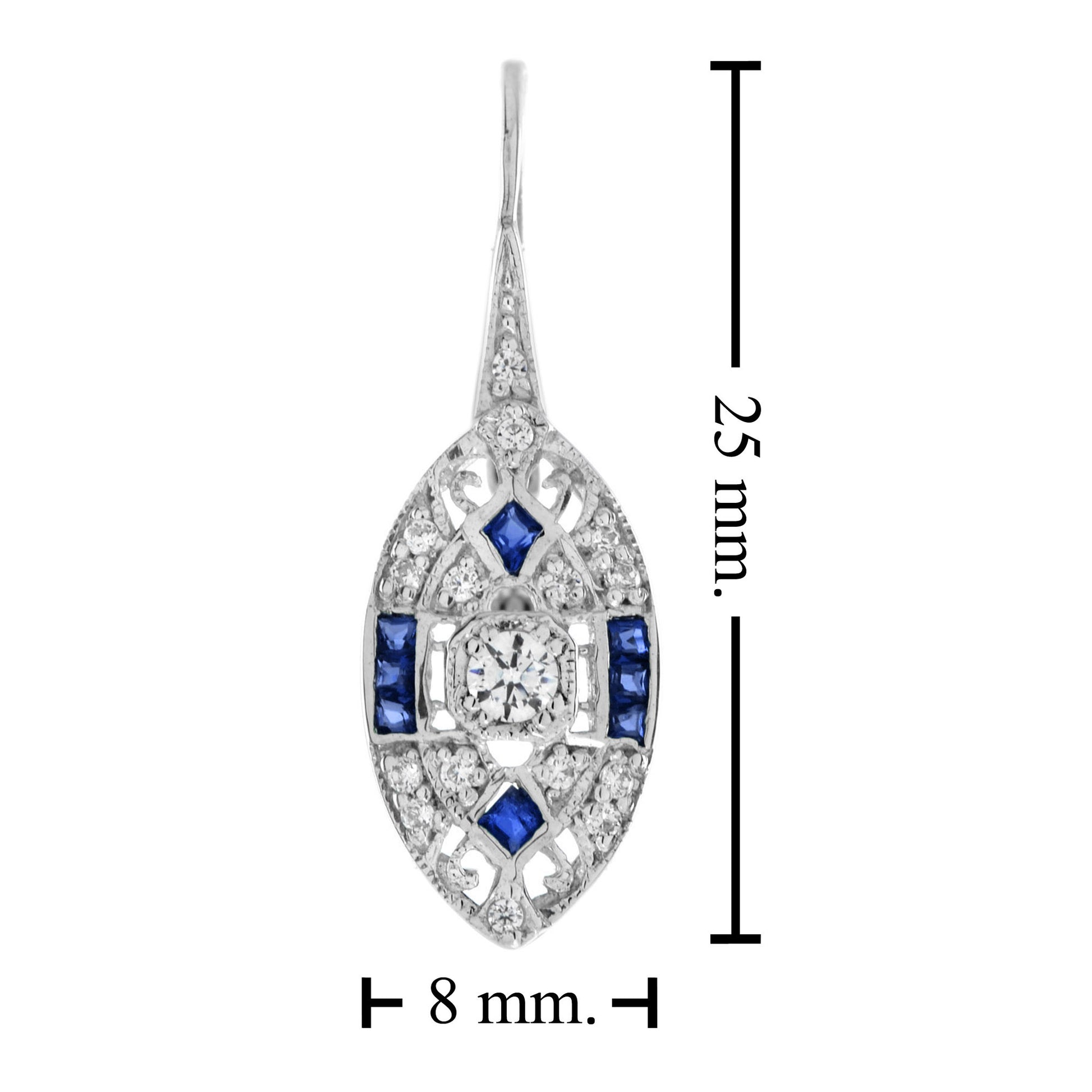Round Diamond & French Cut Blue Sapphire Art Deco Style 14K White Gold Earrings