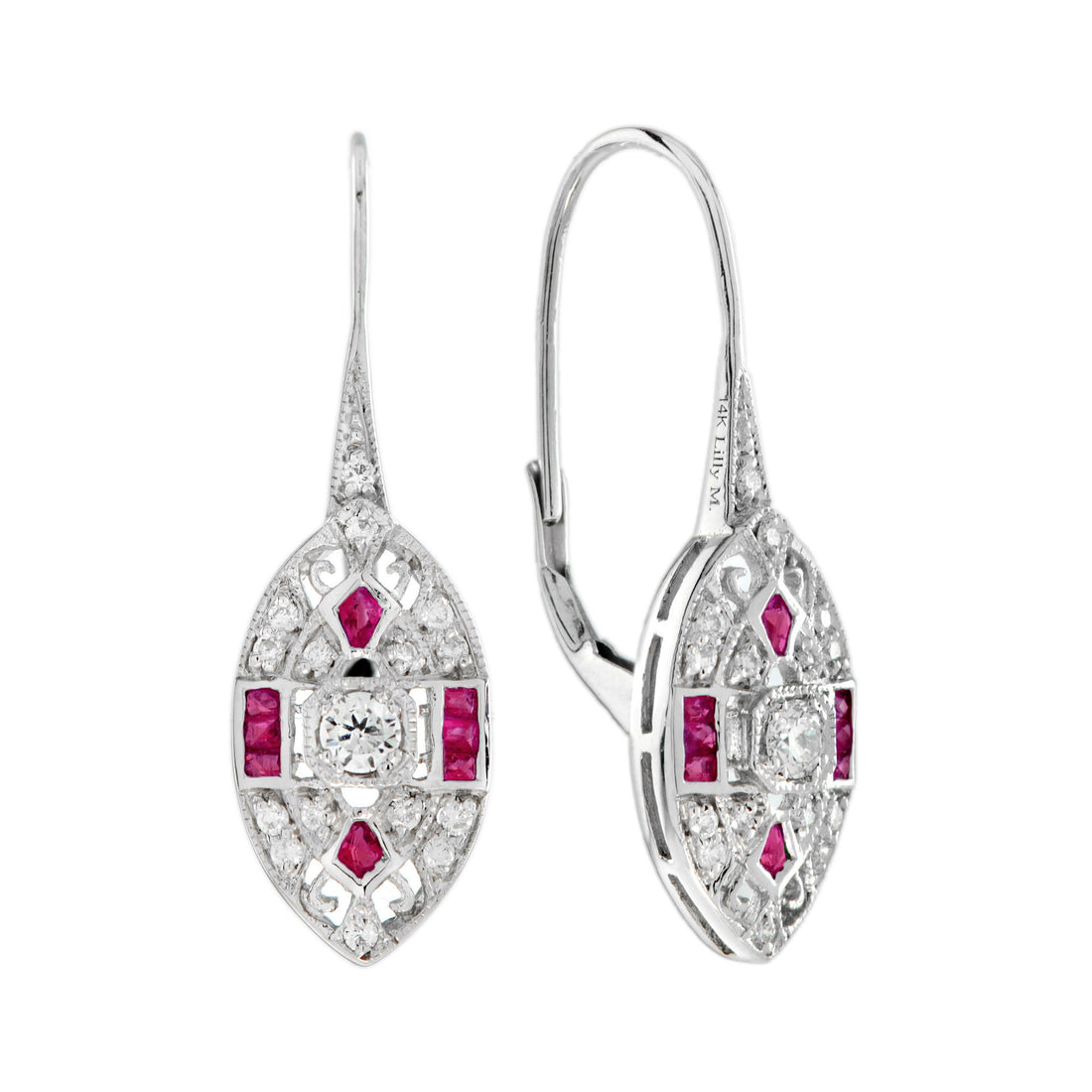 Diamond Ruby Vintage Inspired Art Deco Style Marquise Shape White Gold Earrings