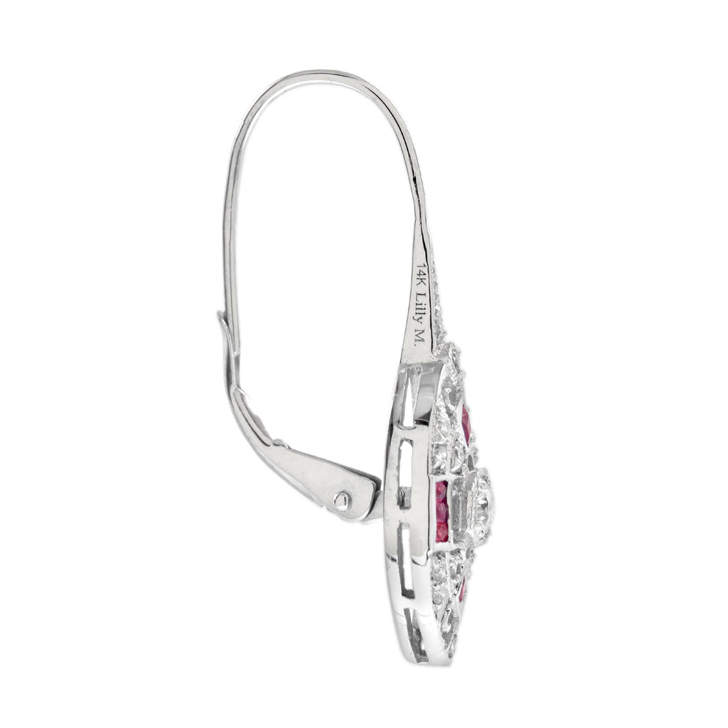 0.70 Ctw Art Deco Ruby & Diamond 14K White Gold Earrings