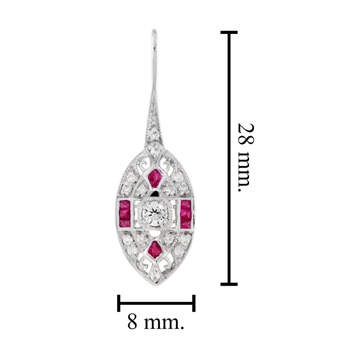 diamond ruby vintage inspired art deco style marquise shape white gold earrings
