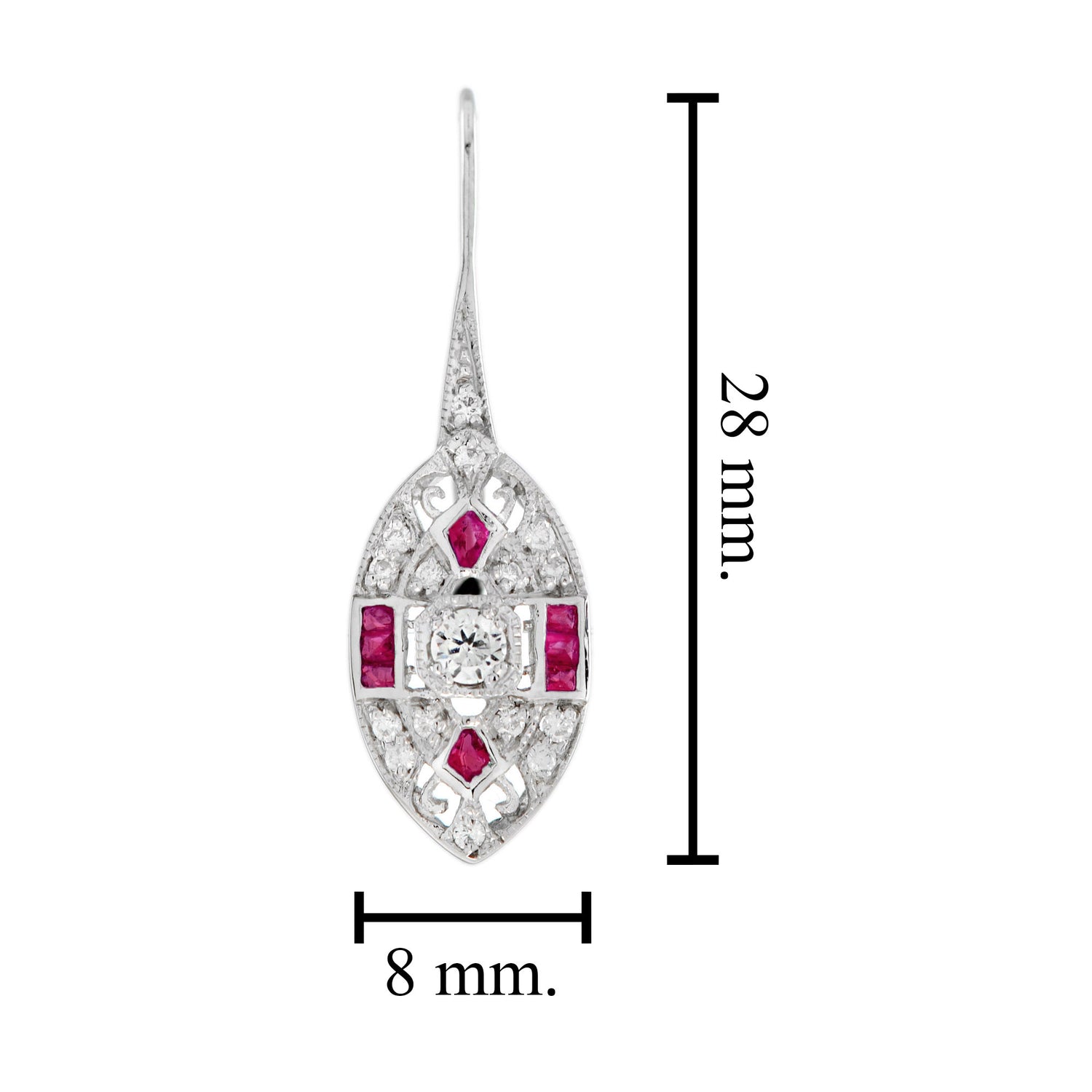 Diamond Ruby Vintage Inspired Art Deco Style Marquise Shape White Gold Earrings