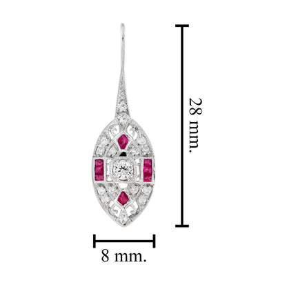 Diamond Ruby Vintage Inspired Art Deco Style Marquise Shape White Gold Earrings