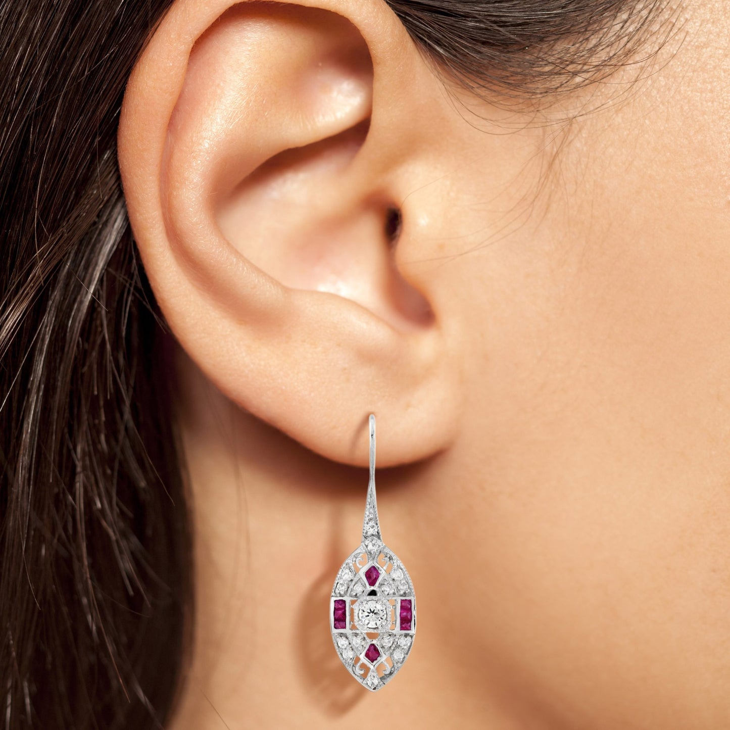 diamond ruby vintage inspired art deco style marquise shape white gold earrings