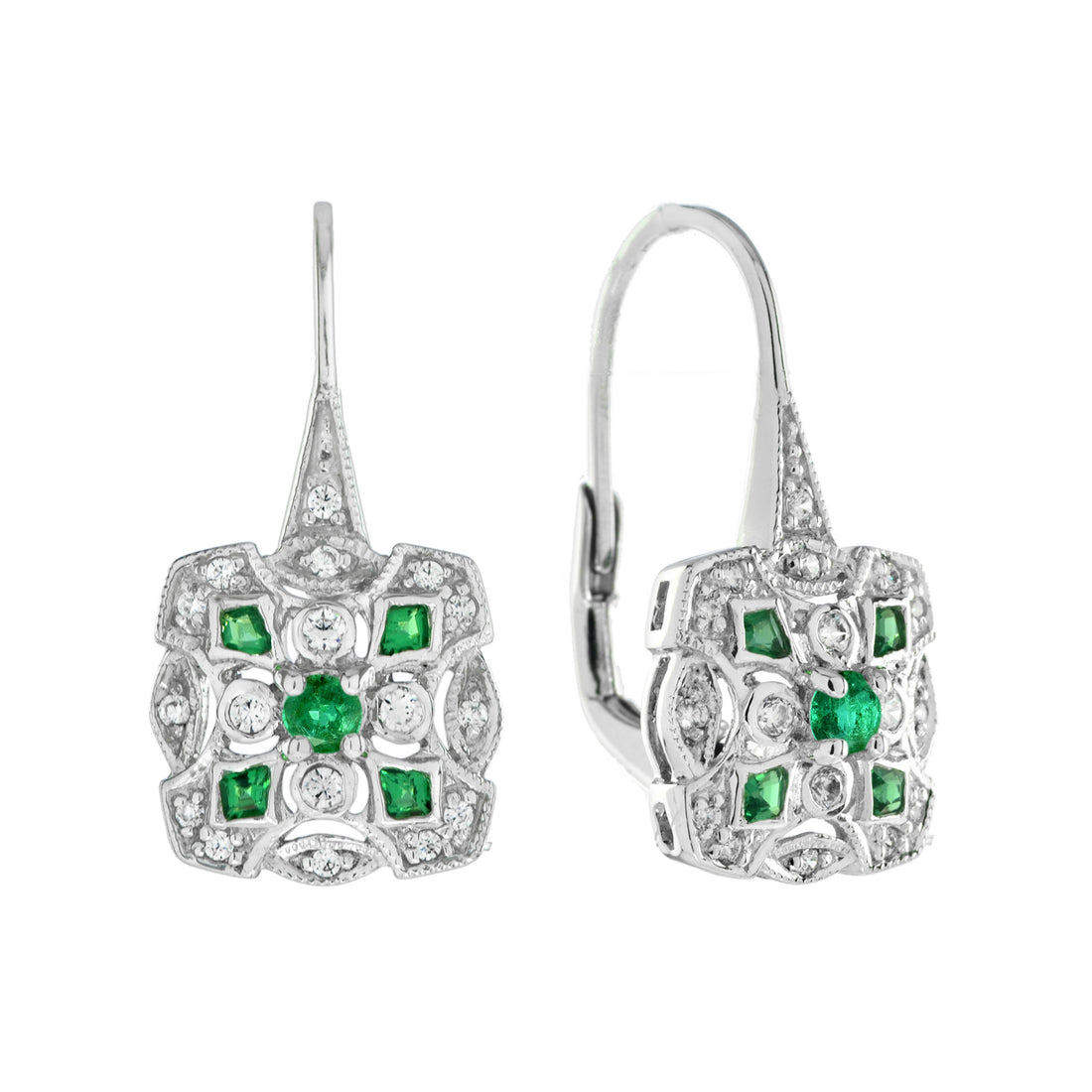 Green Emerald & Diamond Square Shape Art Deco Inspired Cluster 14K Gold Earrings