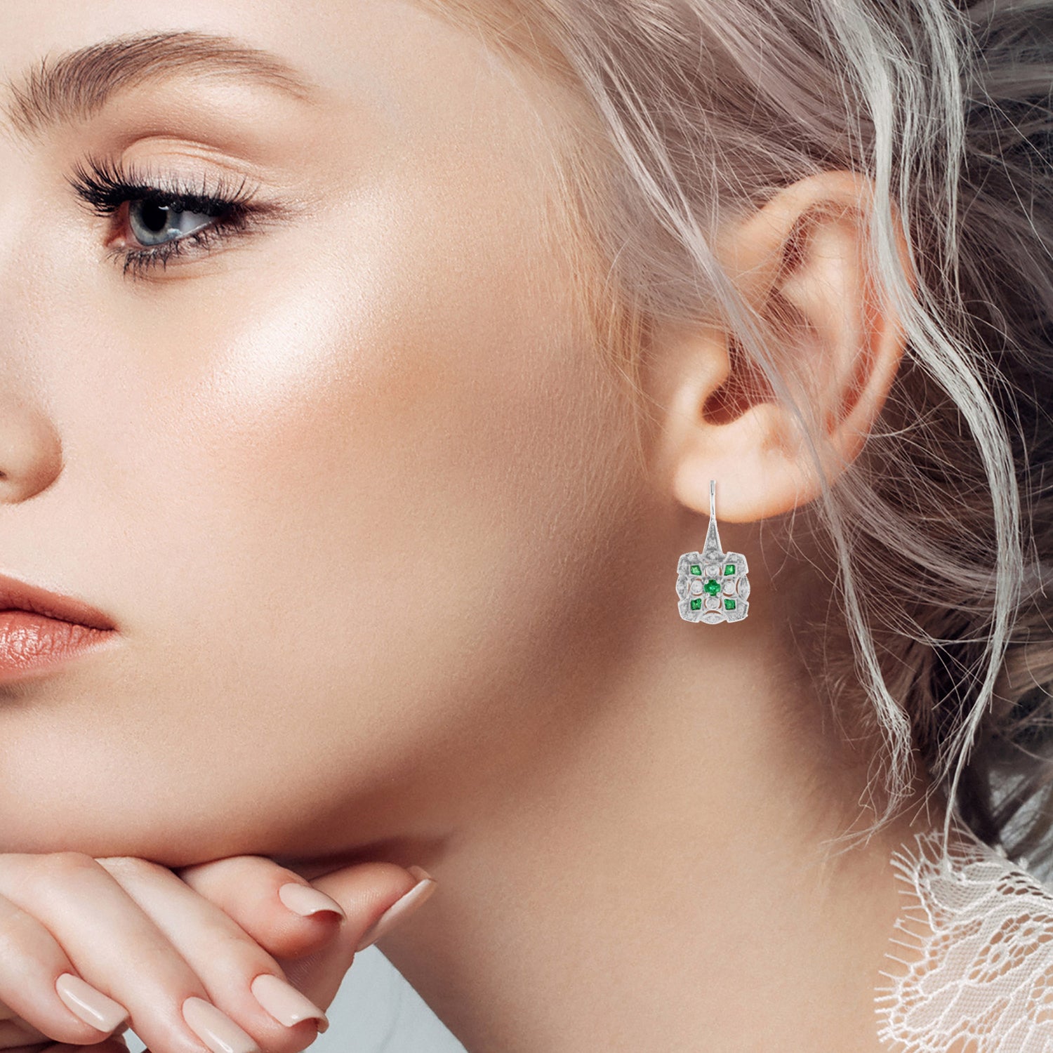 Green Emerald &amp; Diamond Square Shape Art Deco Inspired Cluster 14K Gold Earrings
