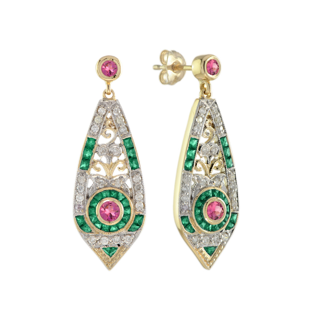Pink Tourmaline Emerald Diamond Art Deco Style Drop 14K Gold Earrings