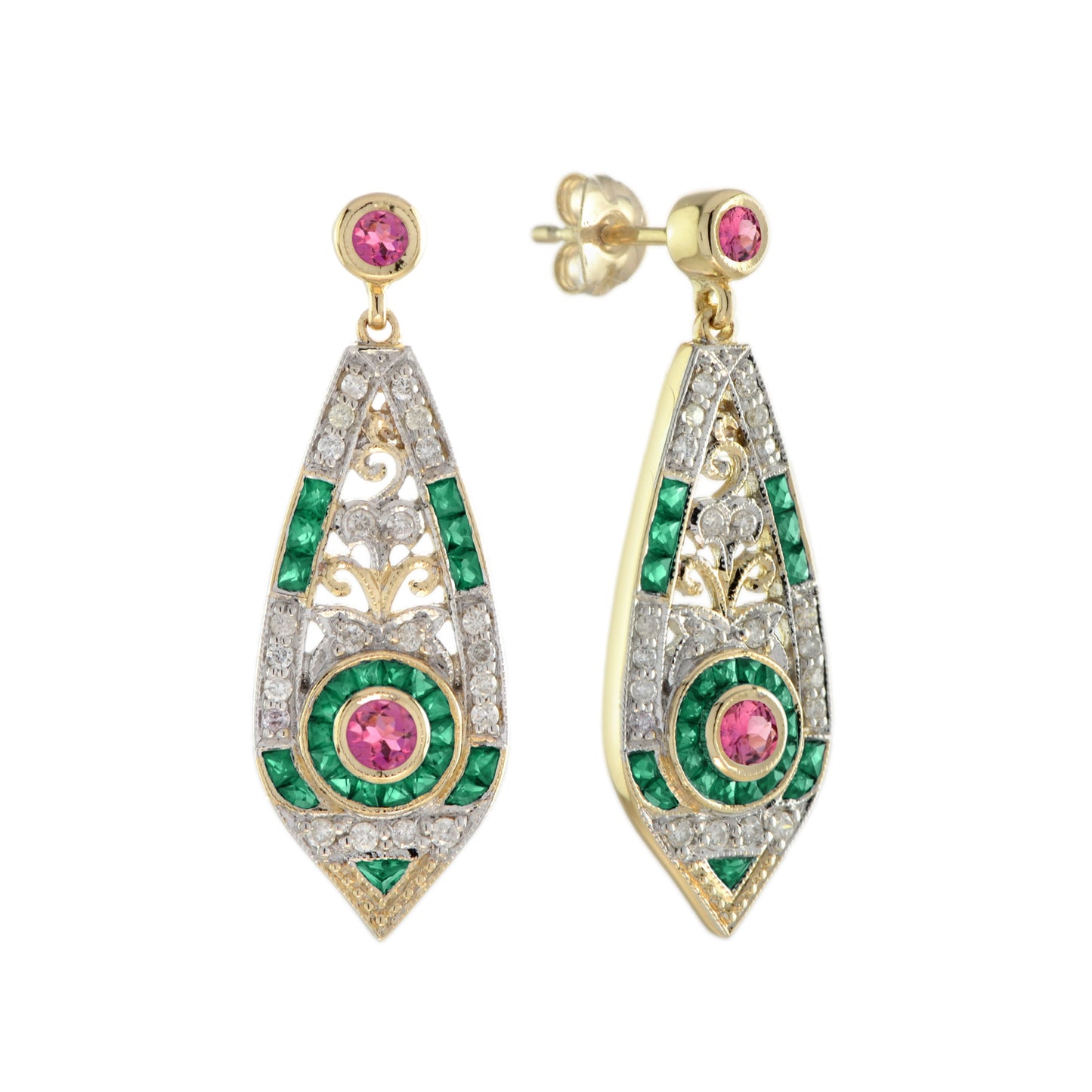 pink tourmaline emerald diamond art deco style drop 14k gold earrings