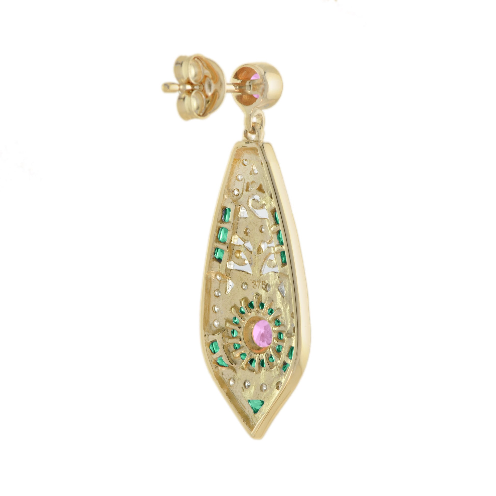 Pink Tourmaline Emerald Diamond Art Deco Style Drop 14K Gold Earrings