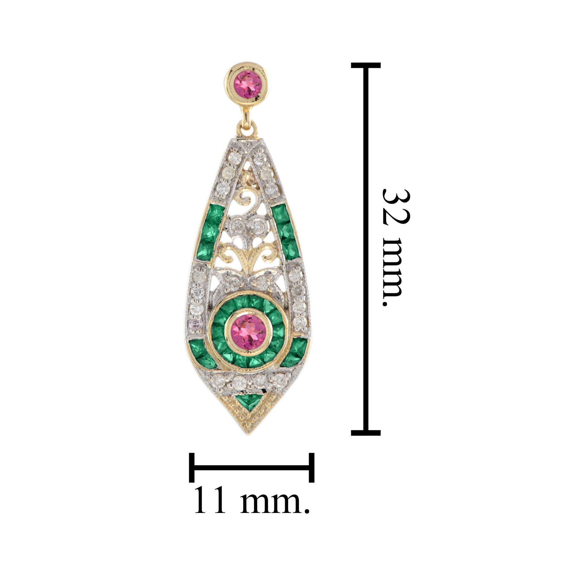 Pink Tourmaline Emerald Diamond Art Deco Style Drop 14K Gold Earrings