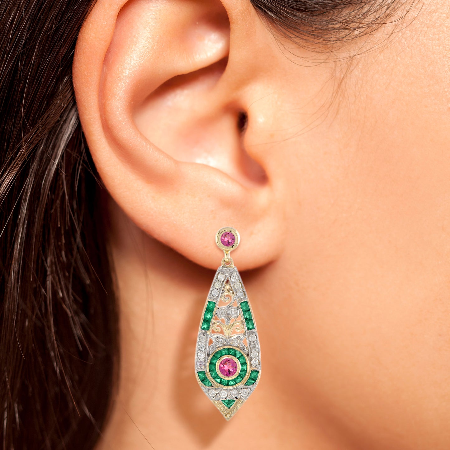 pink tourmaline emerald diamond art deco style drop 14k gold earrings