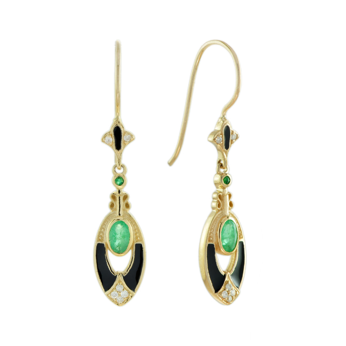 Antique Style Emerald Diamond Black Enamel Dangle 14K Yellow Gold Earrings