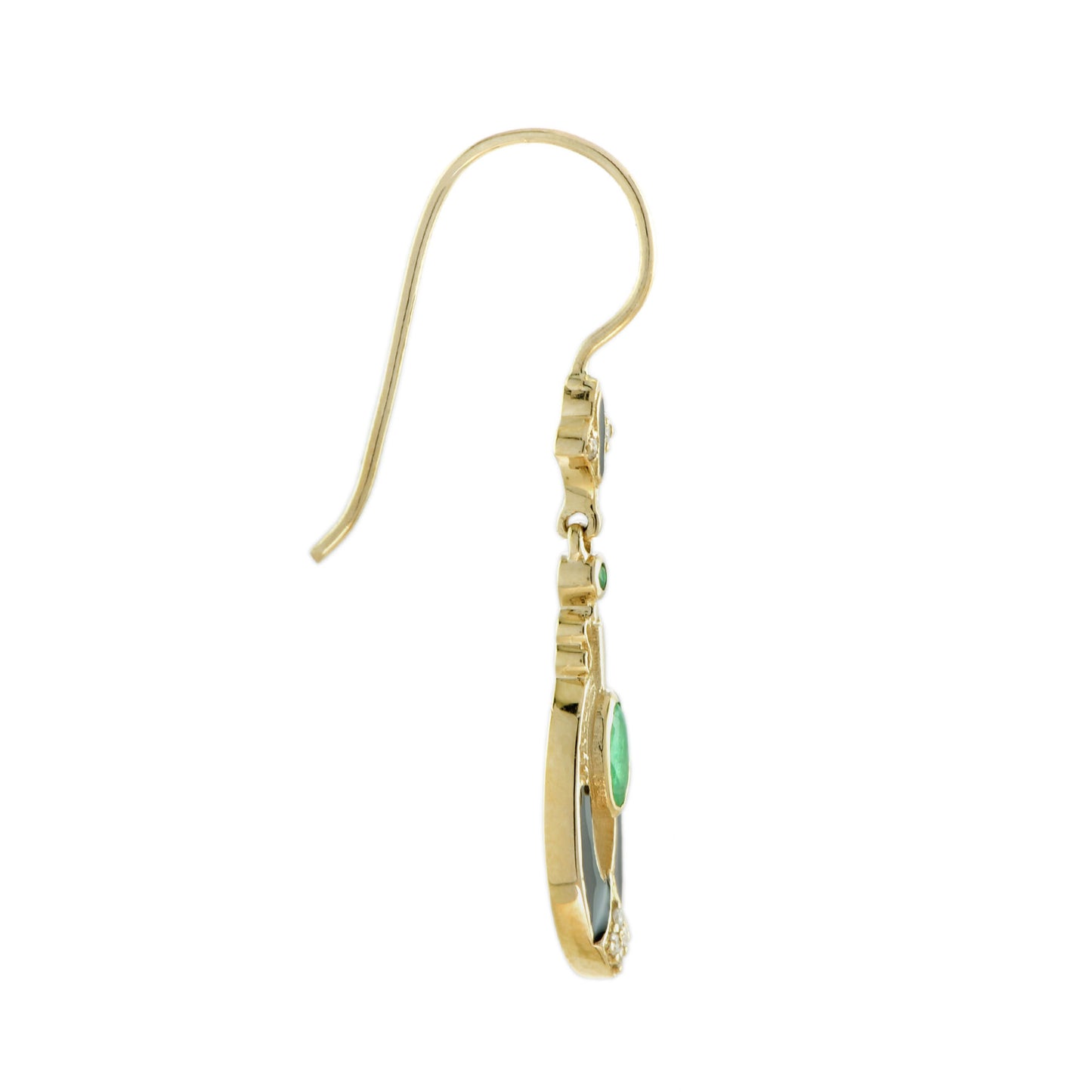 antique style emerald diamond black enamel dangle 14k yellow gold earrings