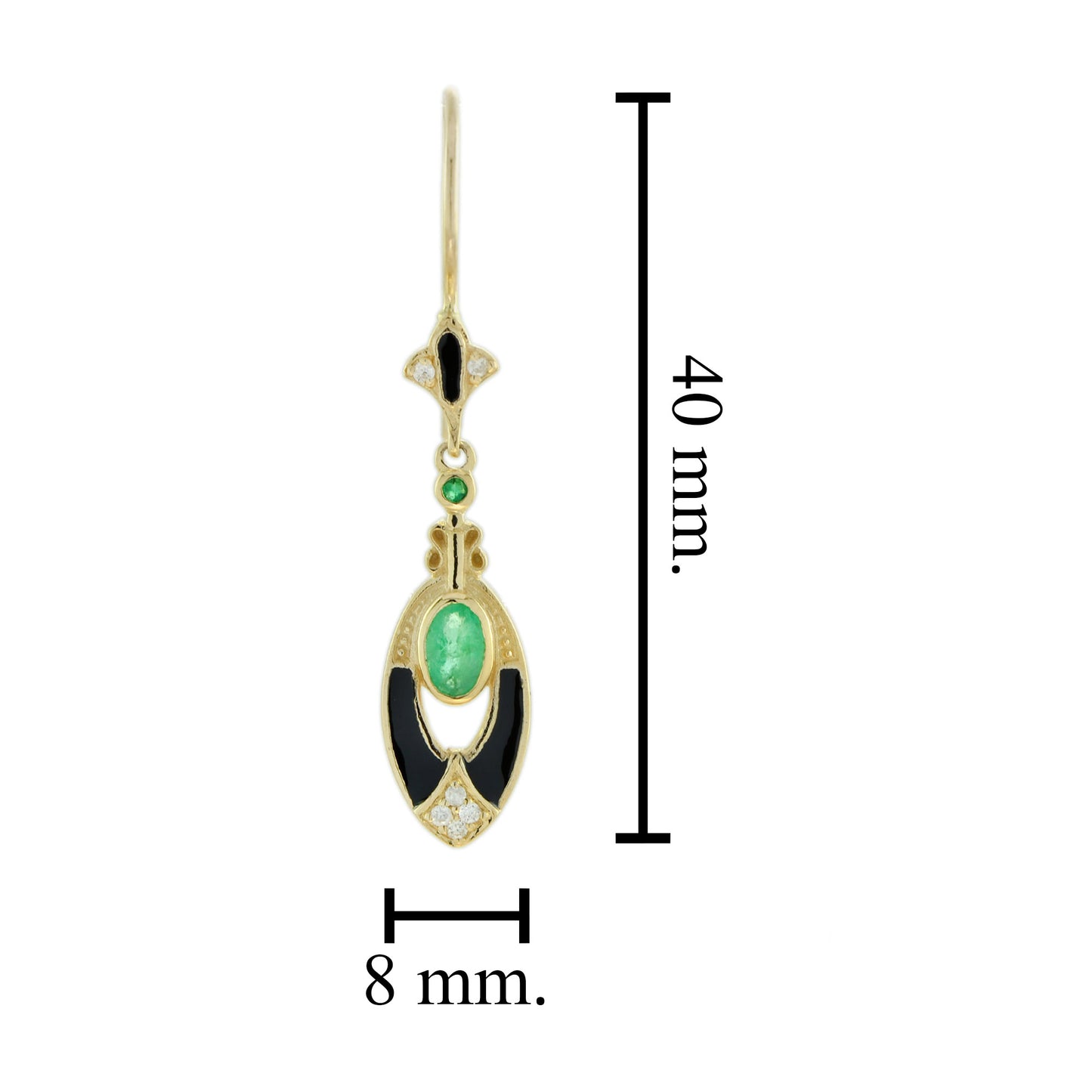 antique style emerald diamond black enamel dangle 14k yellow gold earrings