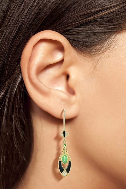 Antique Style Emerald Diamond Black Enamel Dangle 14K Yellow Gold Earrings