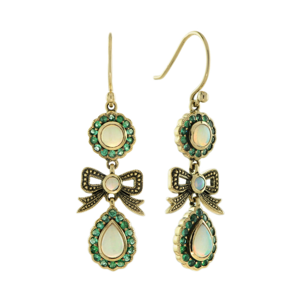 Opal & Emerald Accent Vintage Style Bow Drop 9K Yellow Gold Earrings