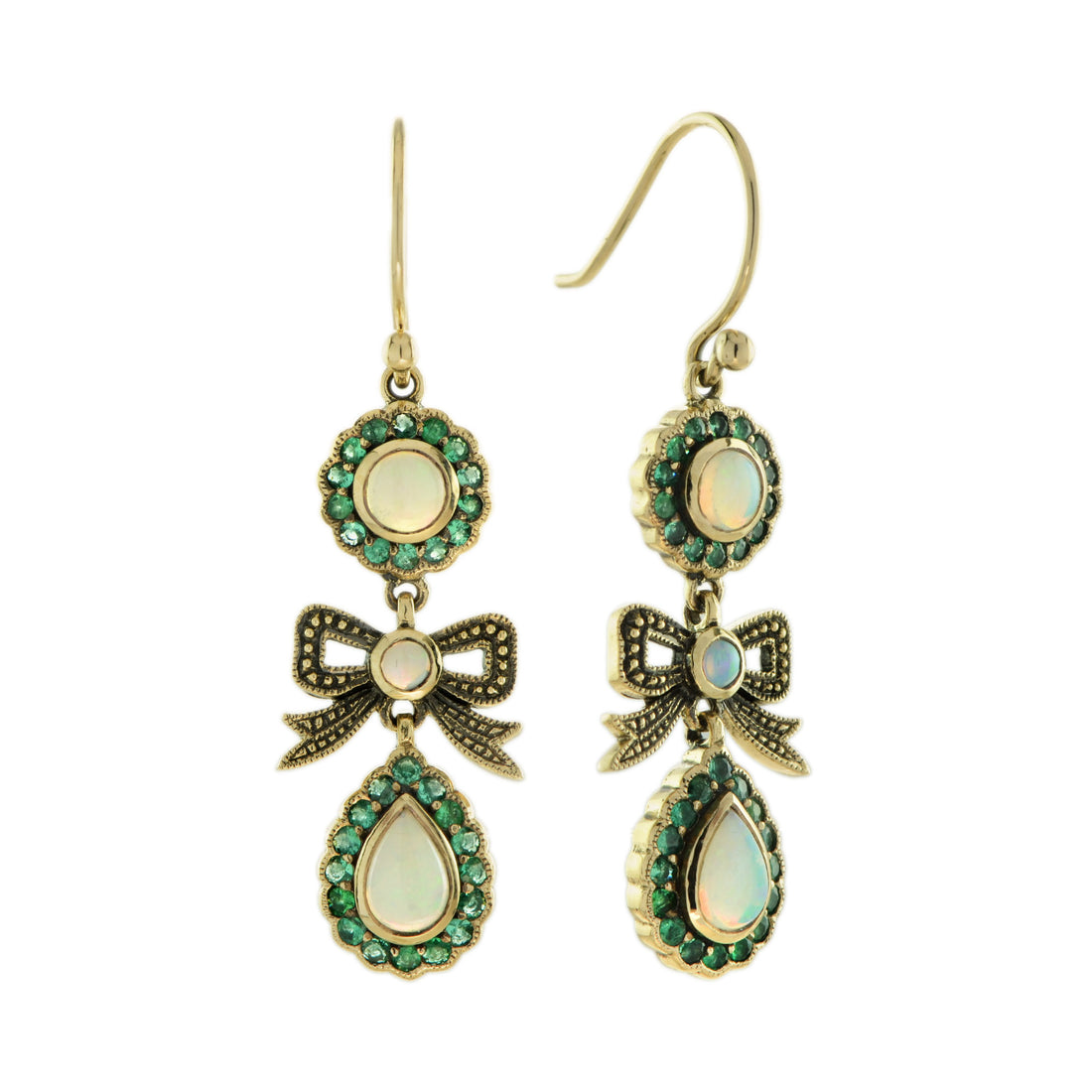 Opal &amp; Emerald Accent Vintage Style Bow Drop 9K Yellow Gold Earrings