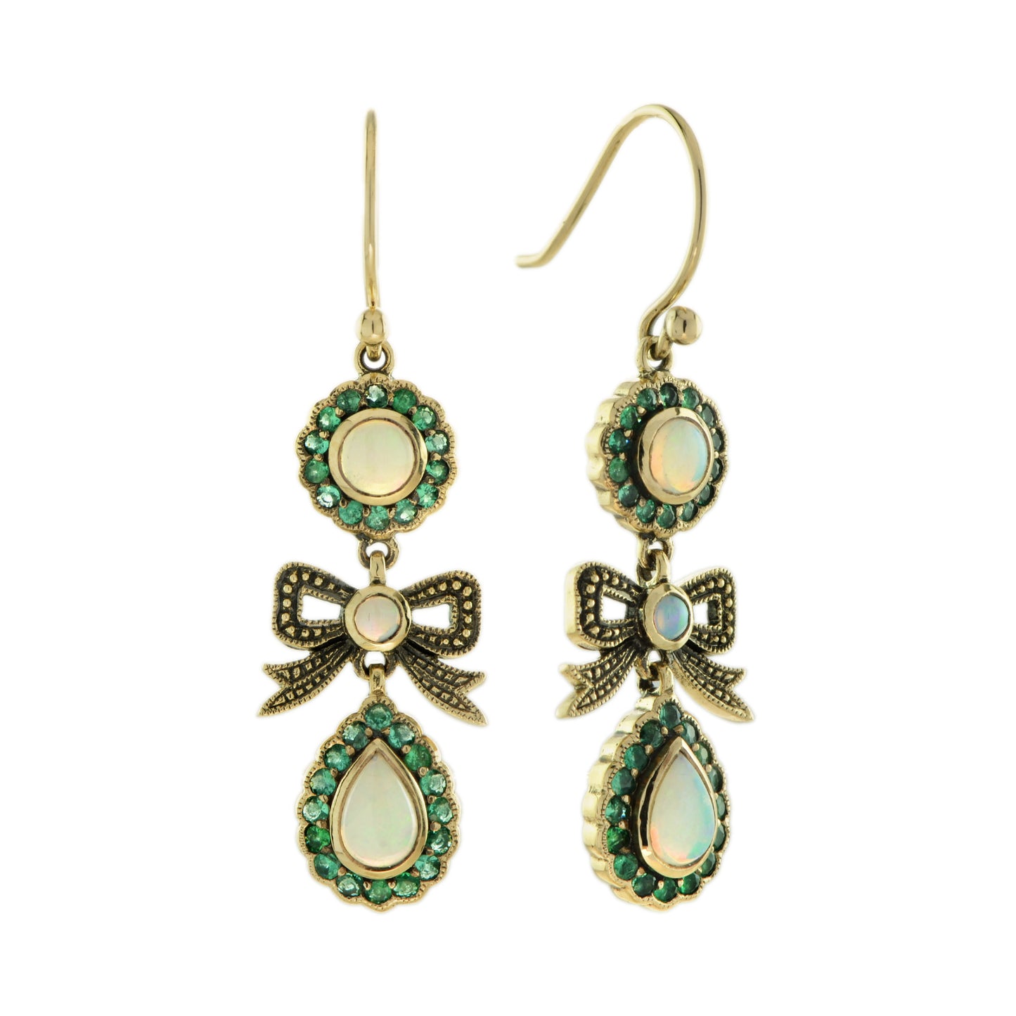 opal & emerald accent vintage style bow drop 9k yellow gold earrings