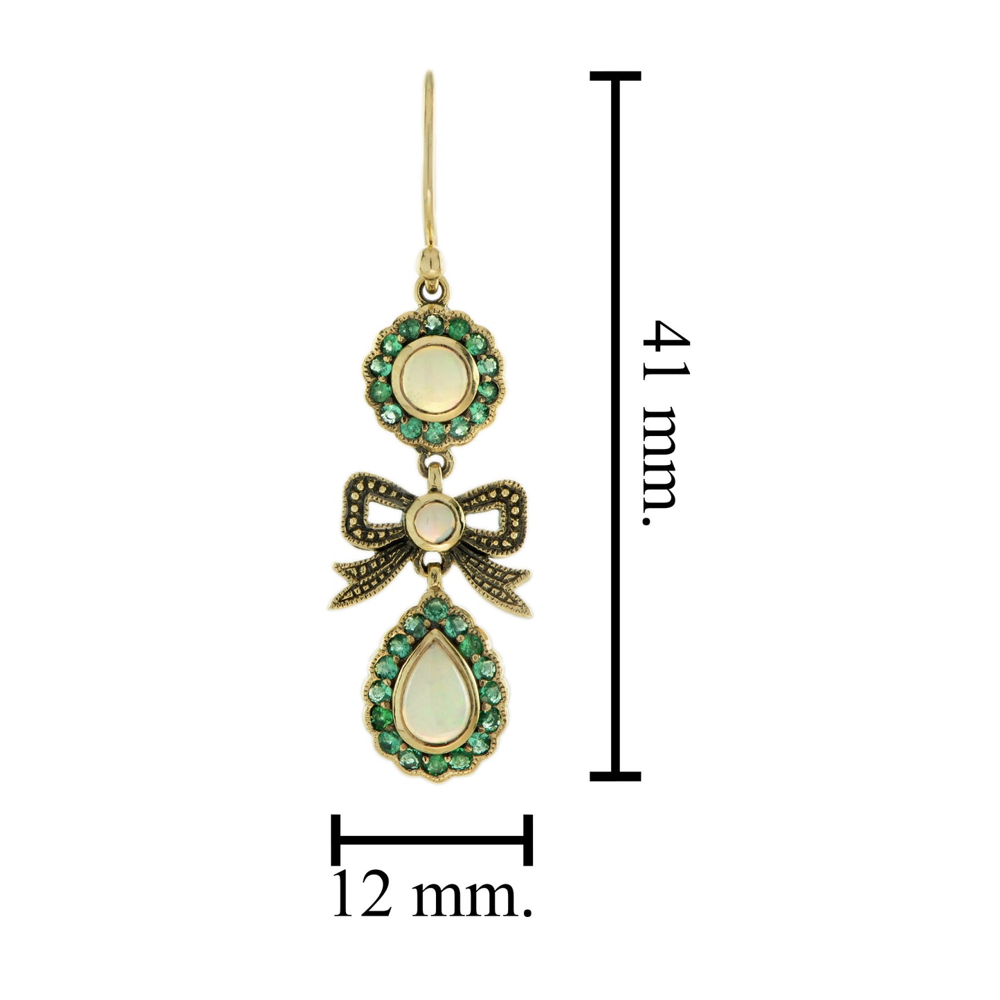 opal & emerald accent vintage style bow drop 9k yellow gold earrings