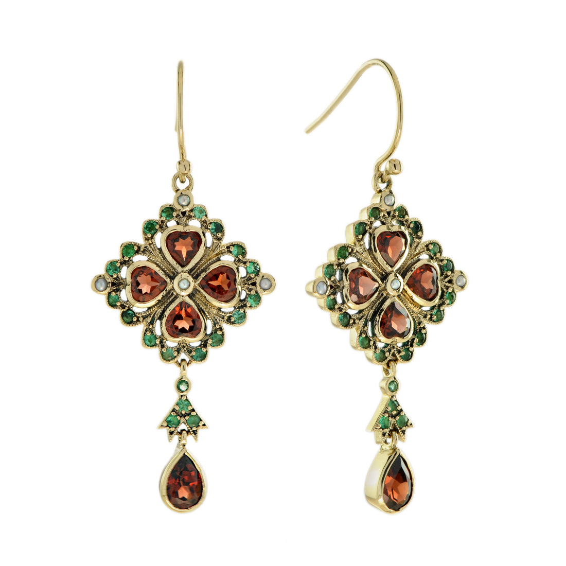 Garnet Emerald Pearl Vintage Style Drop 9K Yellow Gold Earrings