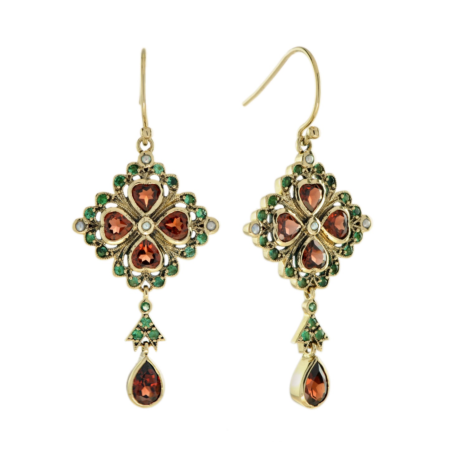 garnet emerald pearl vintage style drop 9k yellow gold earrings
