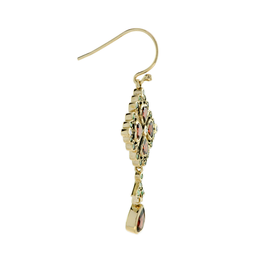 Garnet Emerald Pearl Vintage Style Drop 9K Yellow Gold Earrings