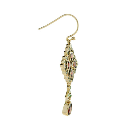 Garnet Emerald Pearl Vintage Style Drop 9K Yellow Gold Earrings