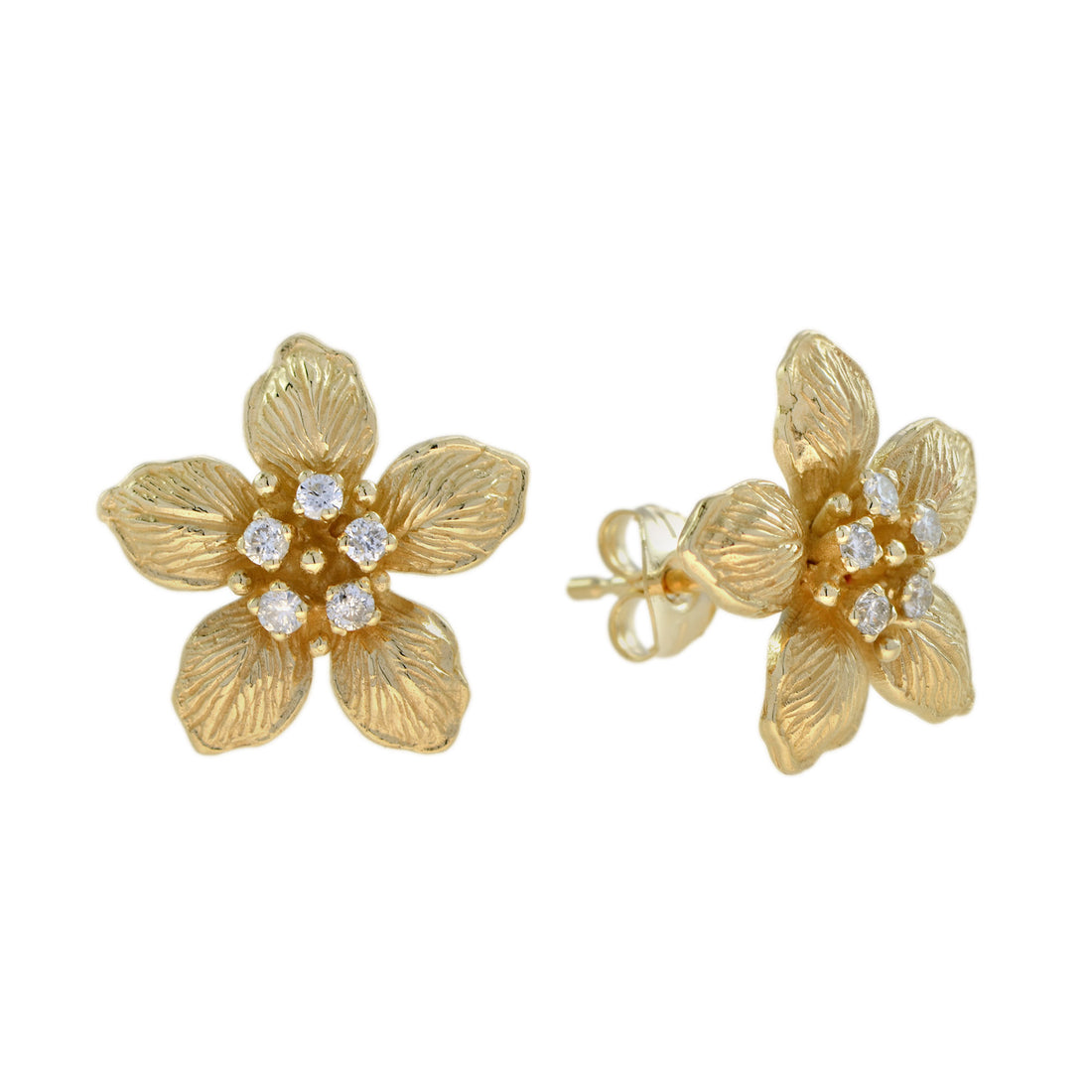 Diamond Vintage Style Floral Flower 14K Yellow Gold Stud Earrings