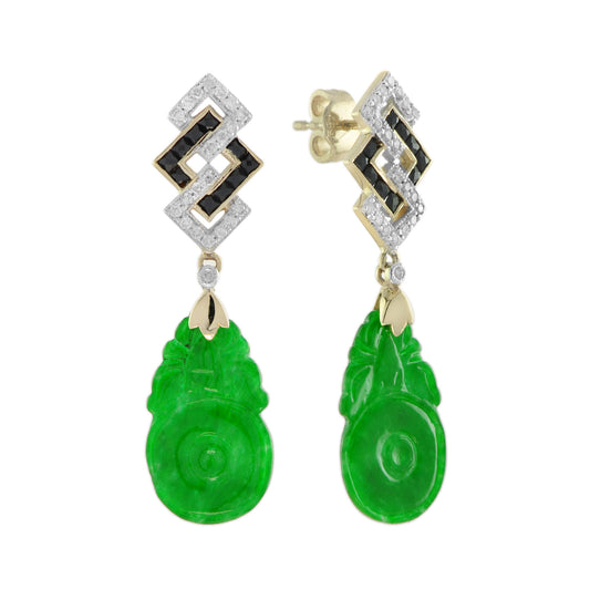 Carved Jade & Onyx Diamond Vintage Style Dangle 9K Yellow Gold Earrings