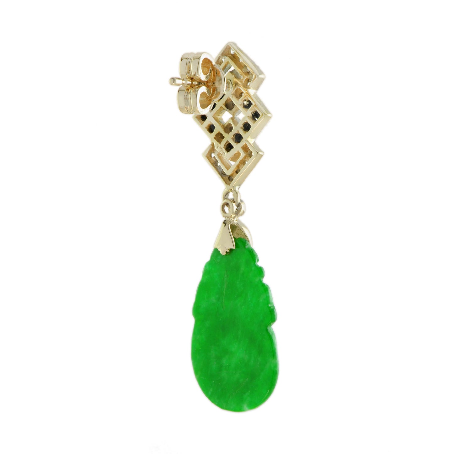 carved jade & onyx diamond vintage style dangle 9k yellow gold earrings