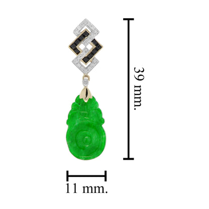 Carved Jade & Onyx Diamond Vintage Style Dangle 9K Yellow Gold Earrings