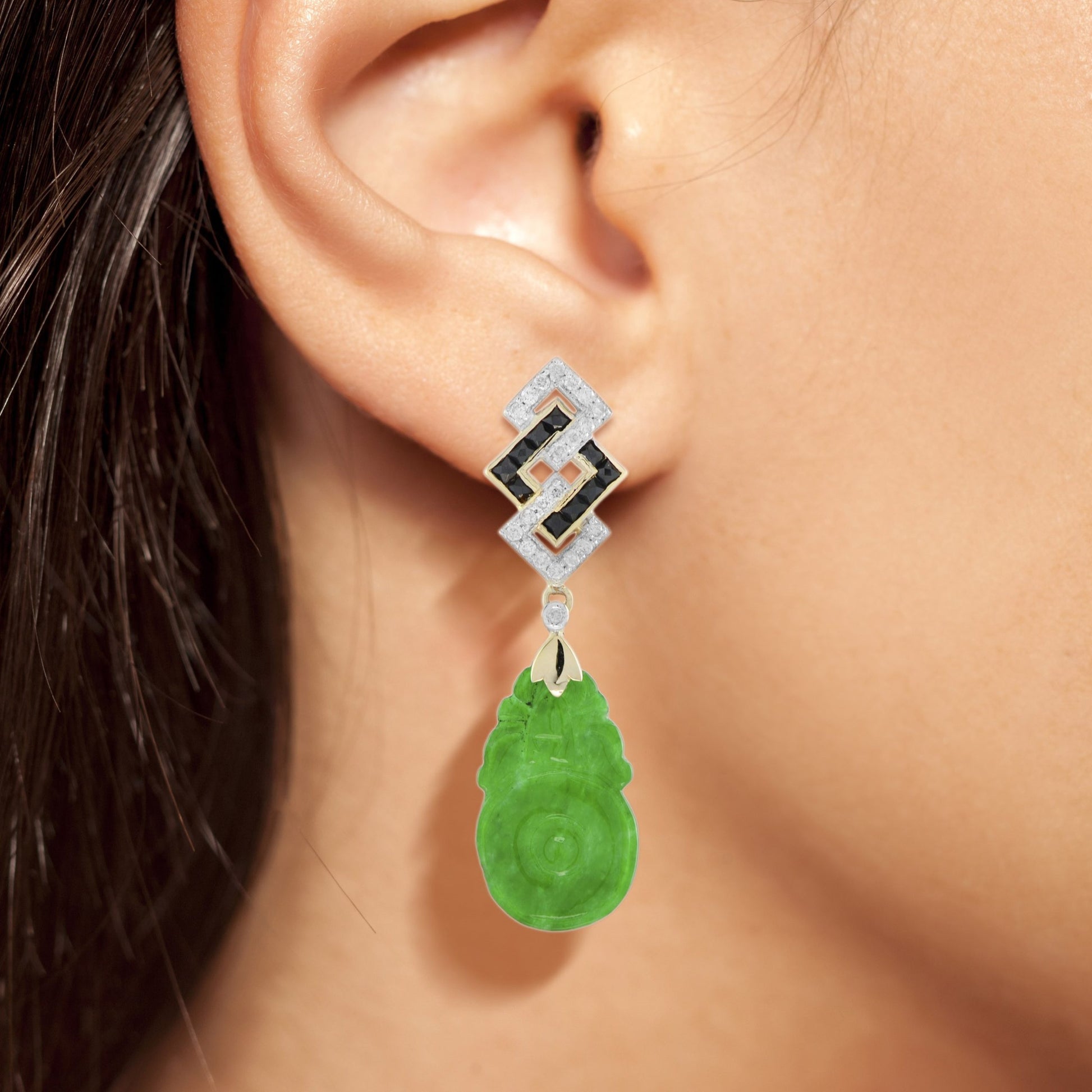 Carved Jade & Onyx Diamond Vintage Style Dangle 9K Yellow Gold Earrings