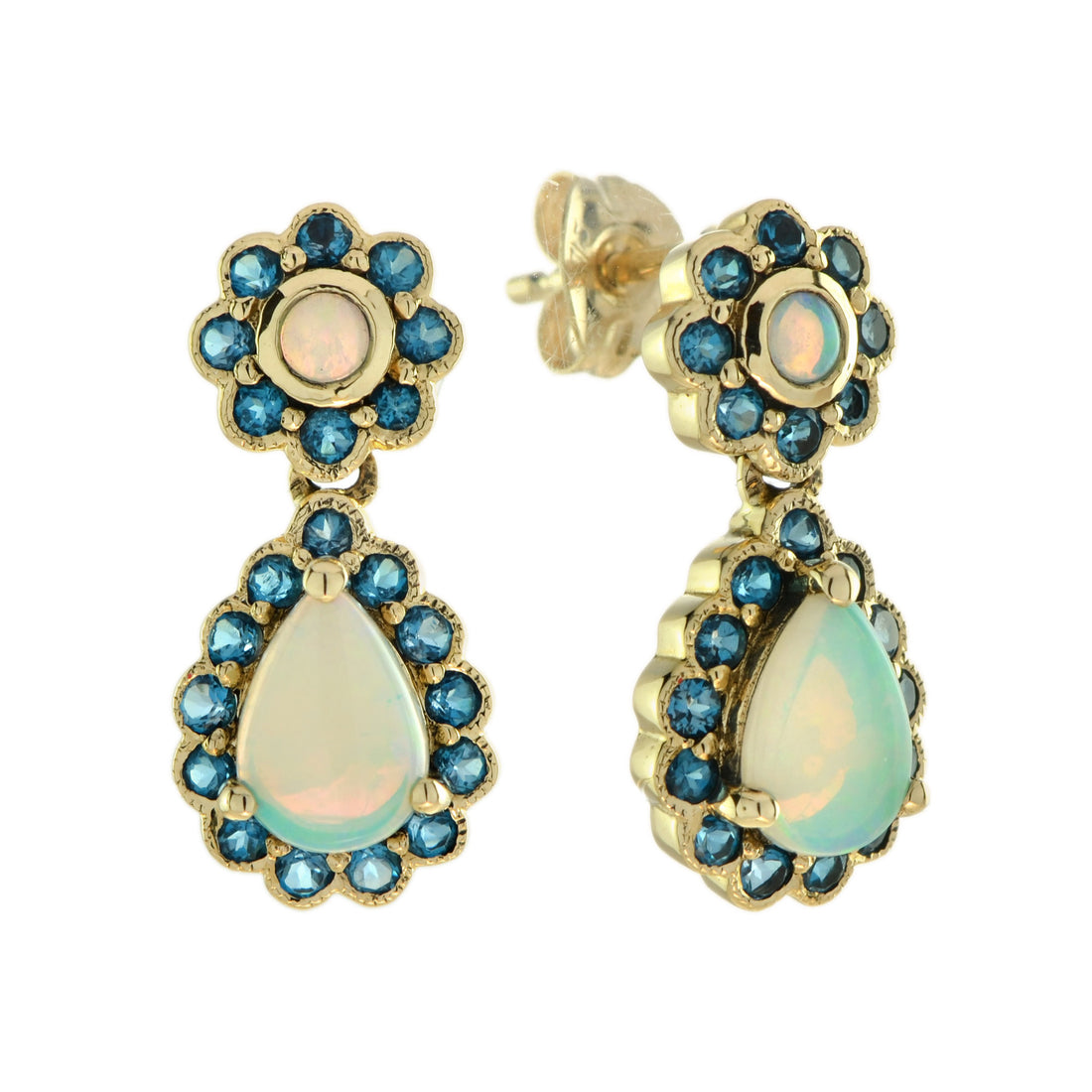 Opal & London Blue Topaz Vintage Style Drop Dangle Yellow Gold Earrings