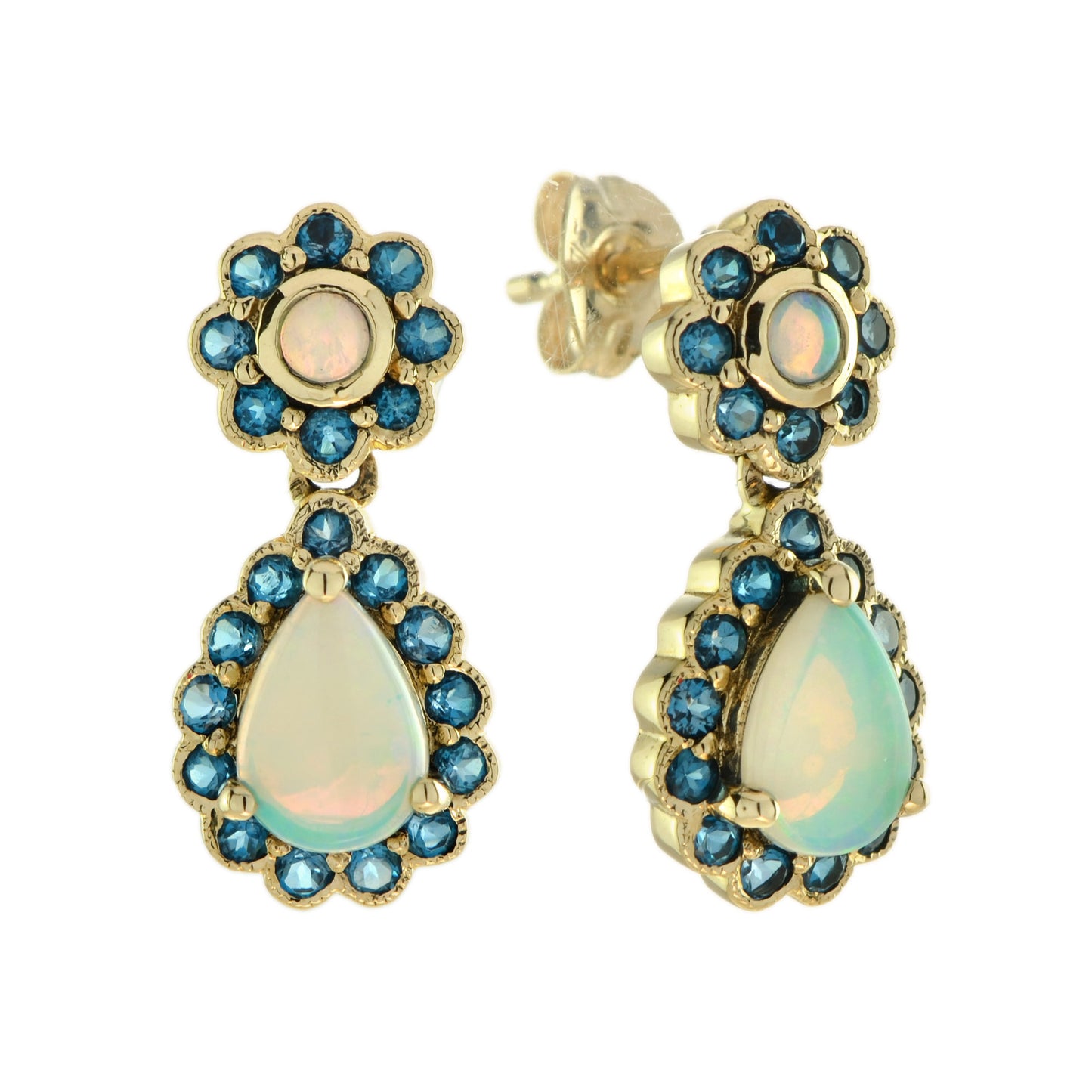 opal & london blue topaz vintage style drop dangle yellow gold earrings