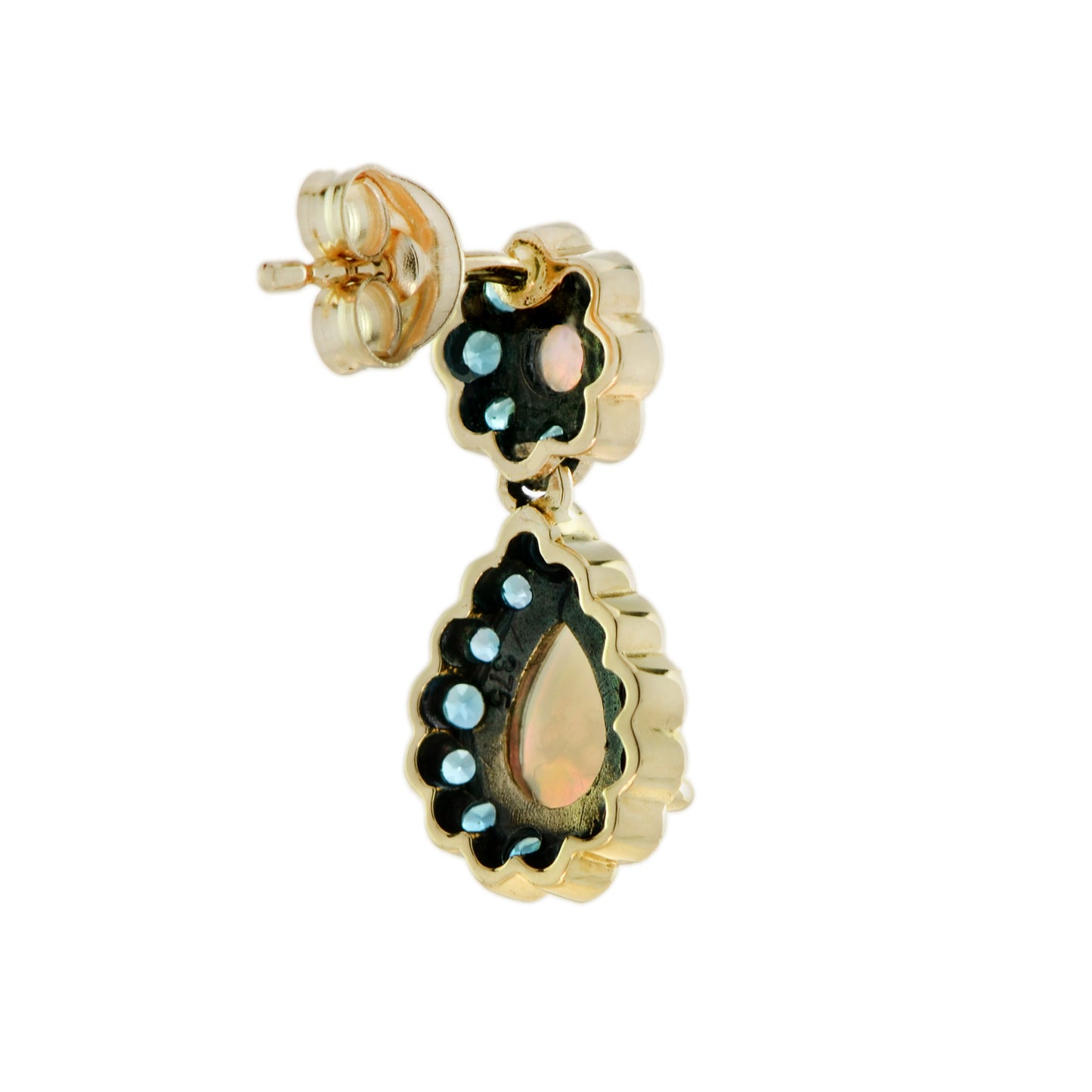 opal & london blue topaz vintage style drop dangle yellow gold earrings