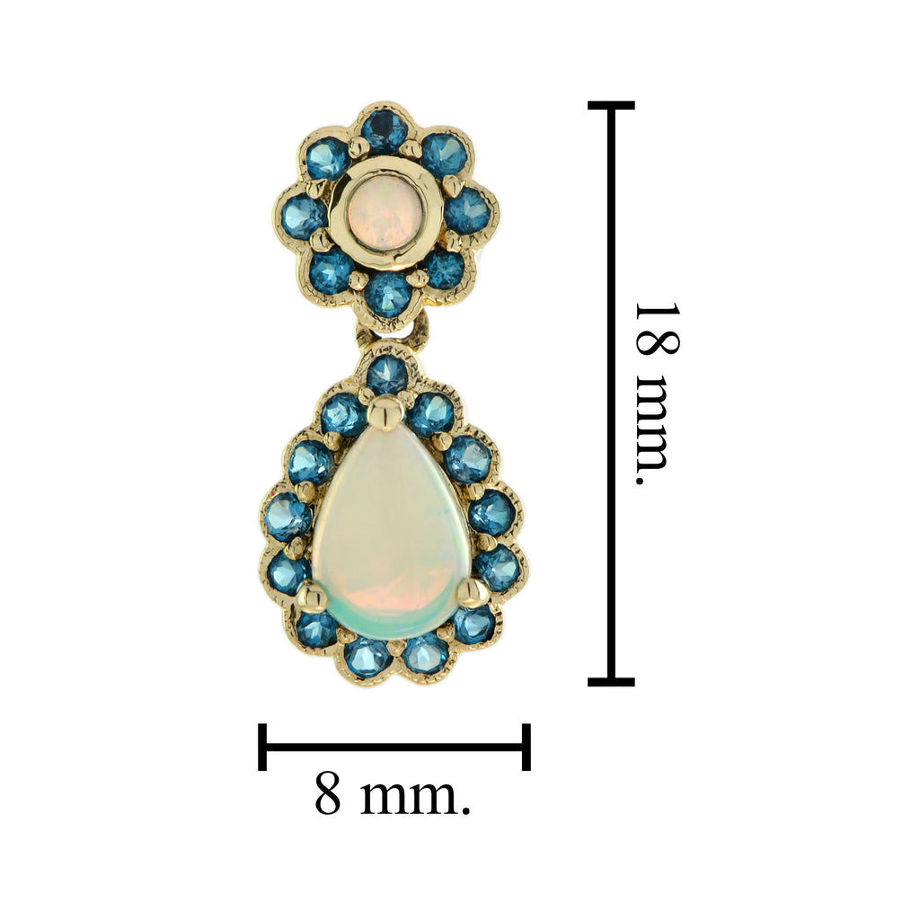 Opal & London Blue Topaz Vintage Style Drop Dangle Yellow Gold Earrings