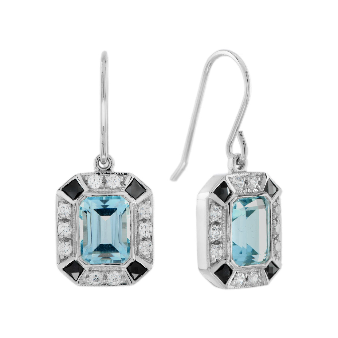 Emerald Cut Blue Topaz Onyx Diamond Art Deco Style Drop 14K White Gold Earrings