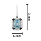 Emerald Cut Blue Topaz Onyx Diamond Art Deco Style Drop 14K White Gold Earrings