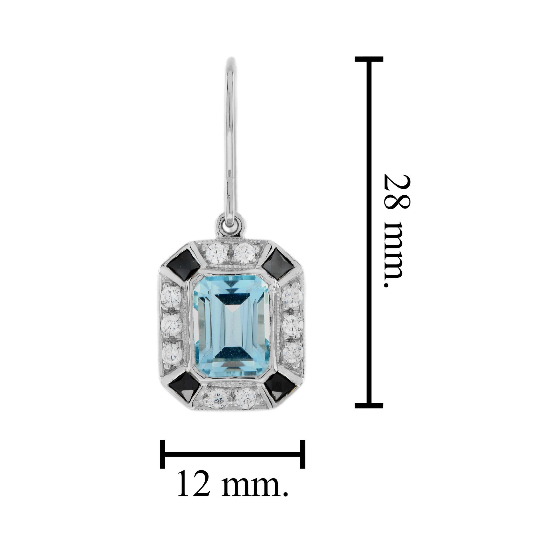 Emerald Cut Blue Topaz Onyx Diamond Art Deco Style Drop 14K White Gold Earrings
