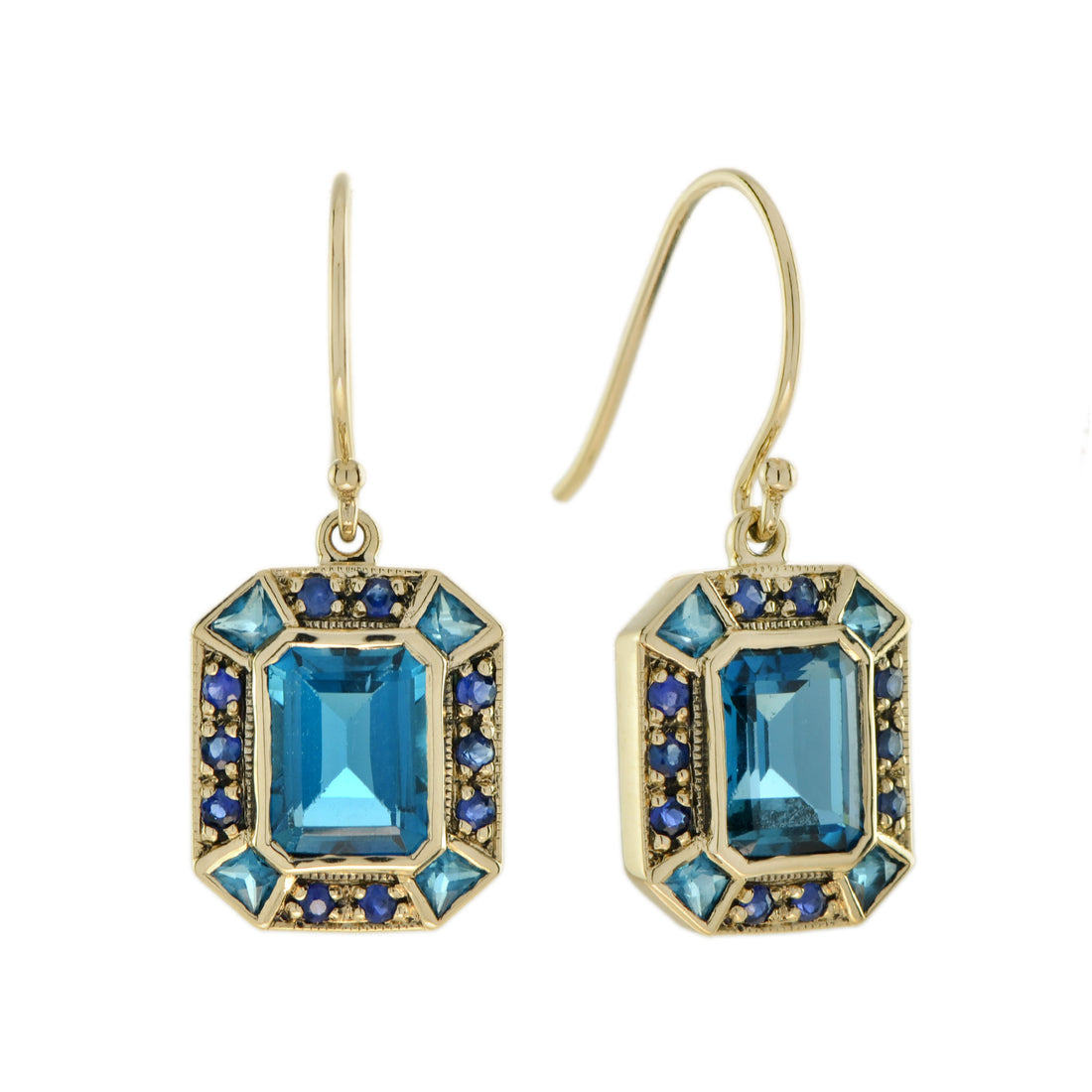 Emerald Cut London Blue Topaz & Sapphire Art Deco Style 9K Yellow Gold Earrings