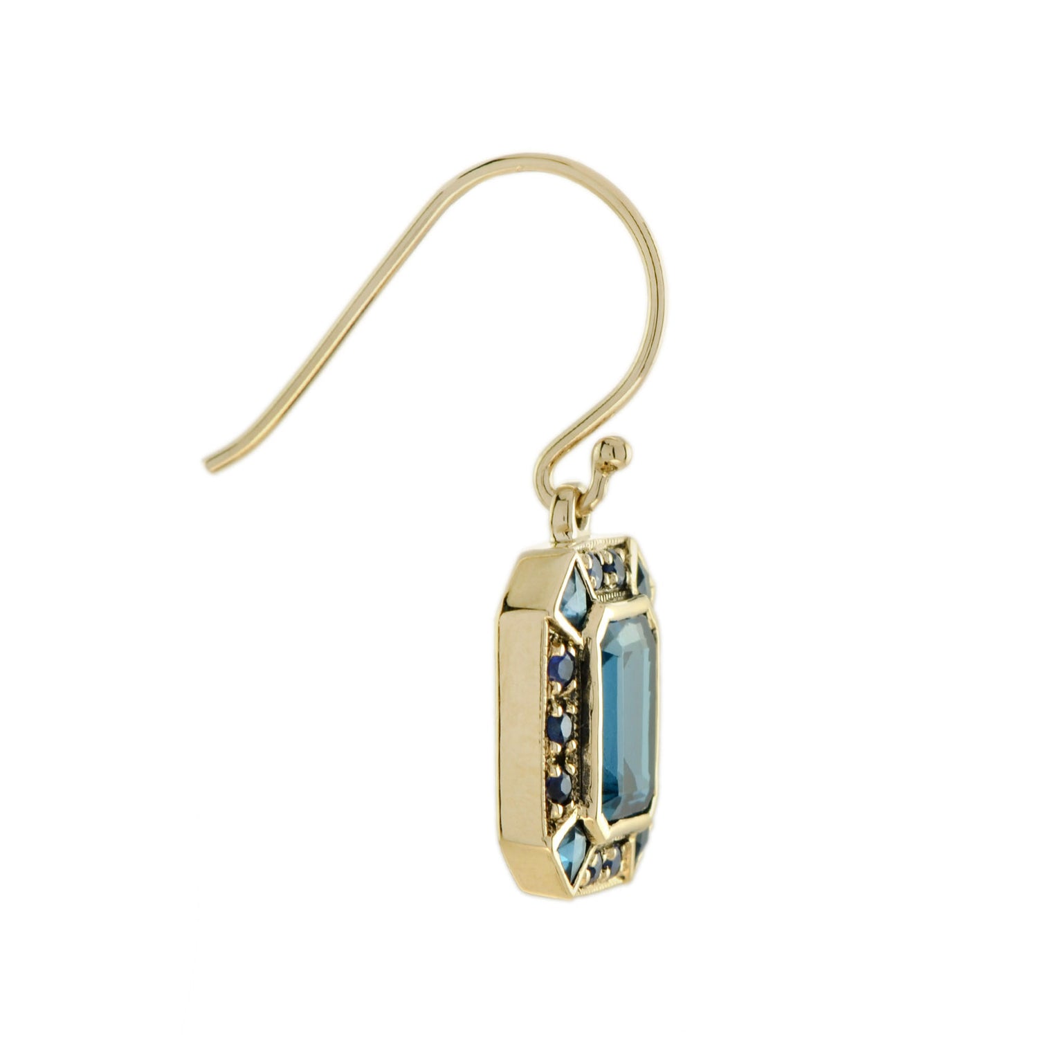 Emerald Cut London Blue Topaz &amp; Sapphire Art Deco Style 9K Yellow Gold Earrings