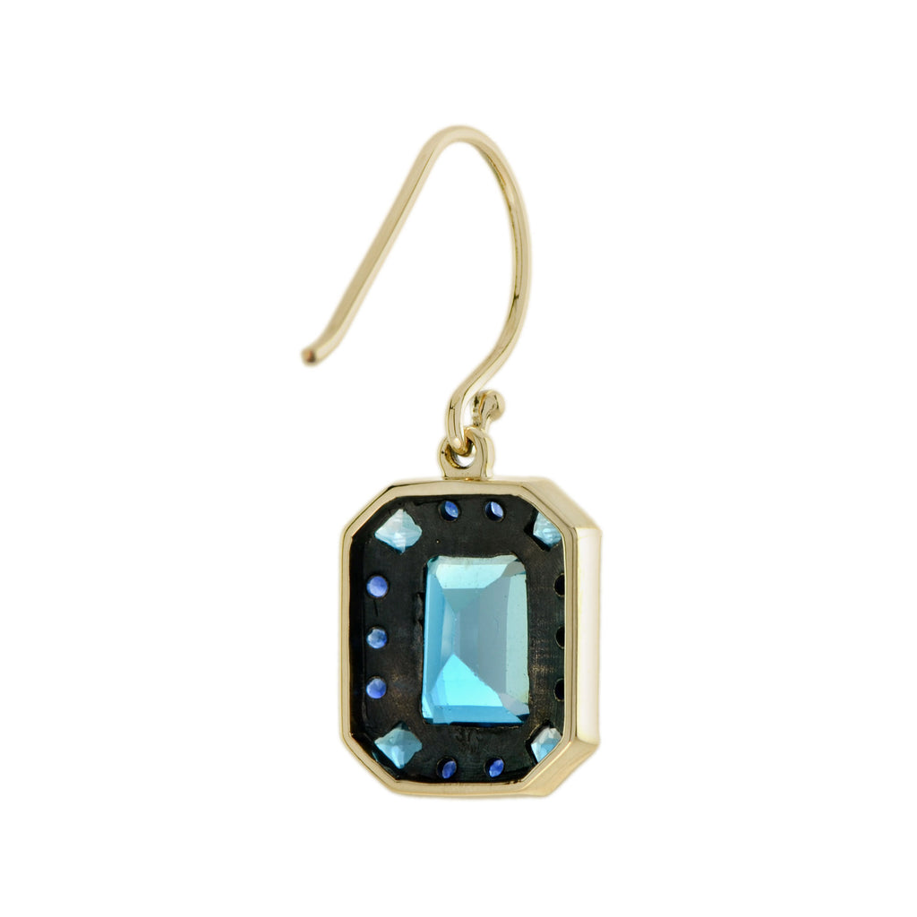 Emerald Cut London Blue Topaz & Sapphire Art Deco Style 9K Yellow Gold Earrings