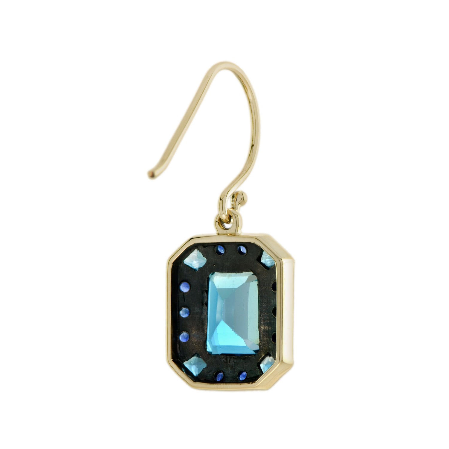 Emerald Cut London Blue Topaz &amp; Sapphire Art Deco Style 9K Yellow Gold Earrings