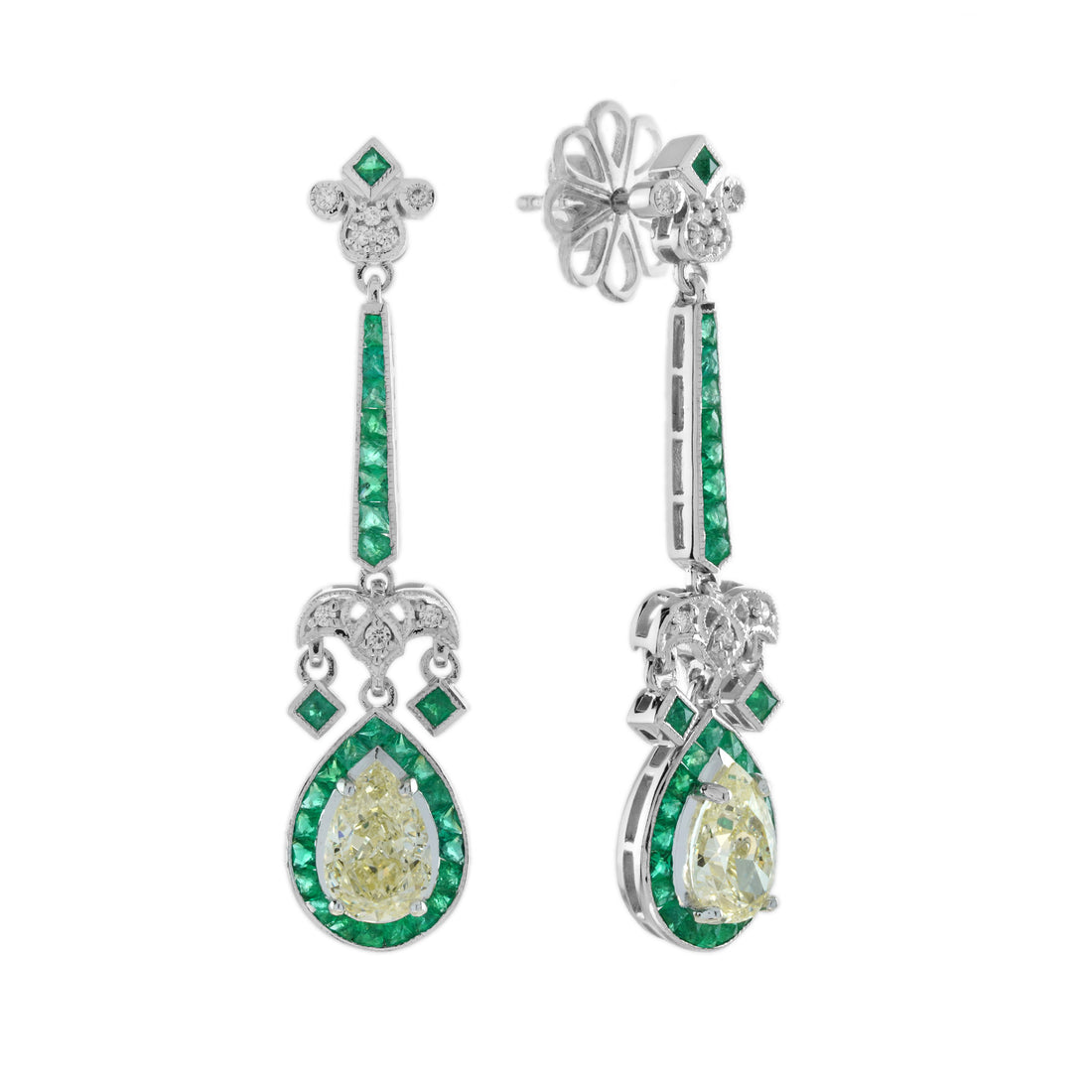 GIA Light Yellow Diamond &amp; Green Emerald Art Deco Style 18K White Gold Earrings