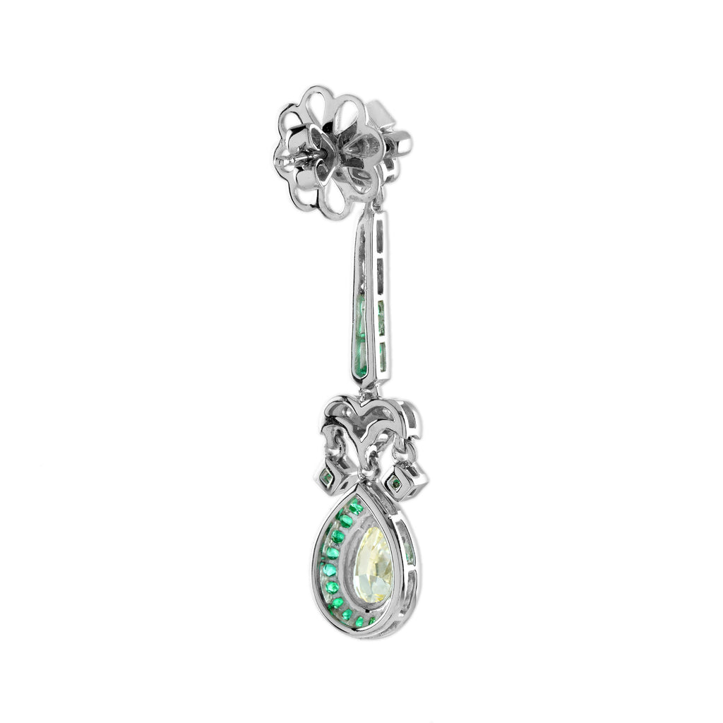 GIA Light Yellow Diamond & Green Emerald Art Deco Style 18K White Gold Earrings
