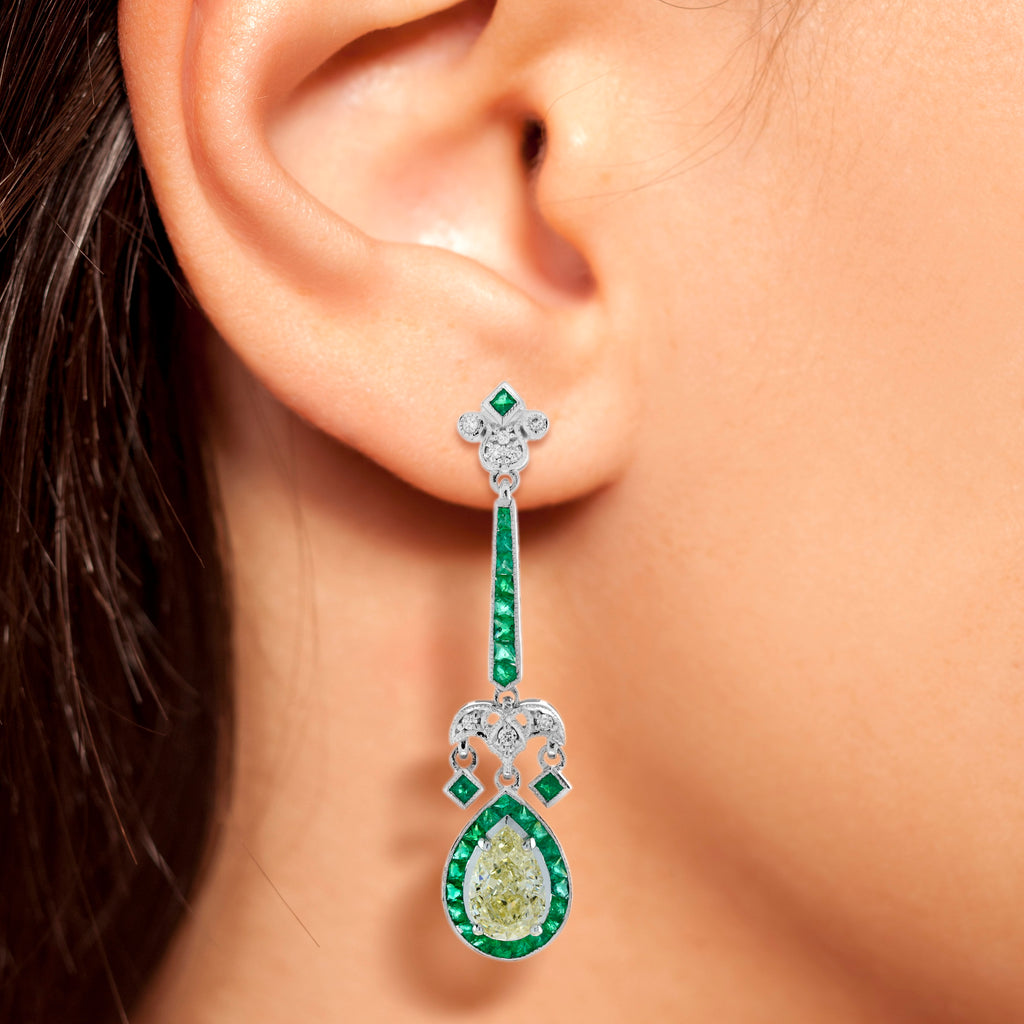 GIA Light Yellow Diamond & Green Emerald Art Deco Style 18K White Gold Earrings