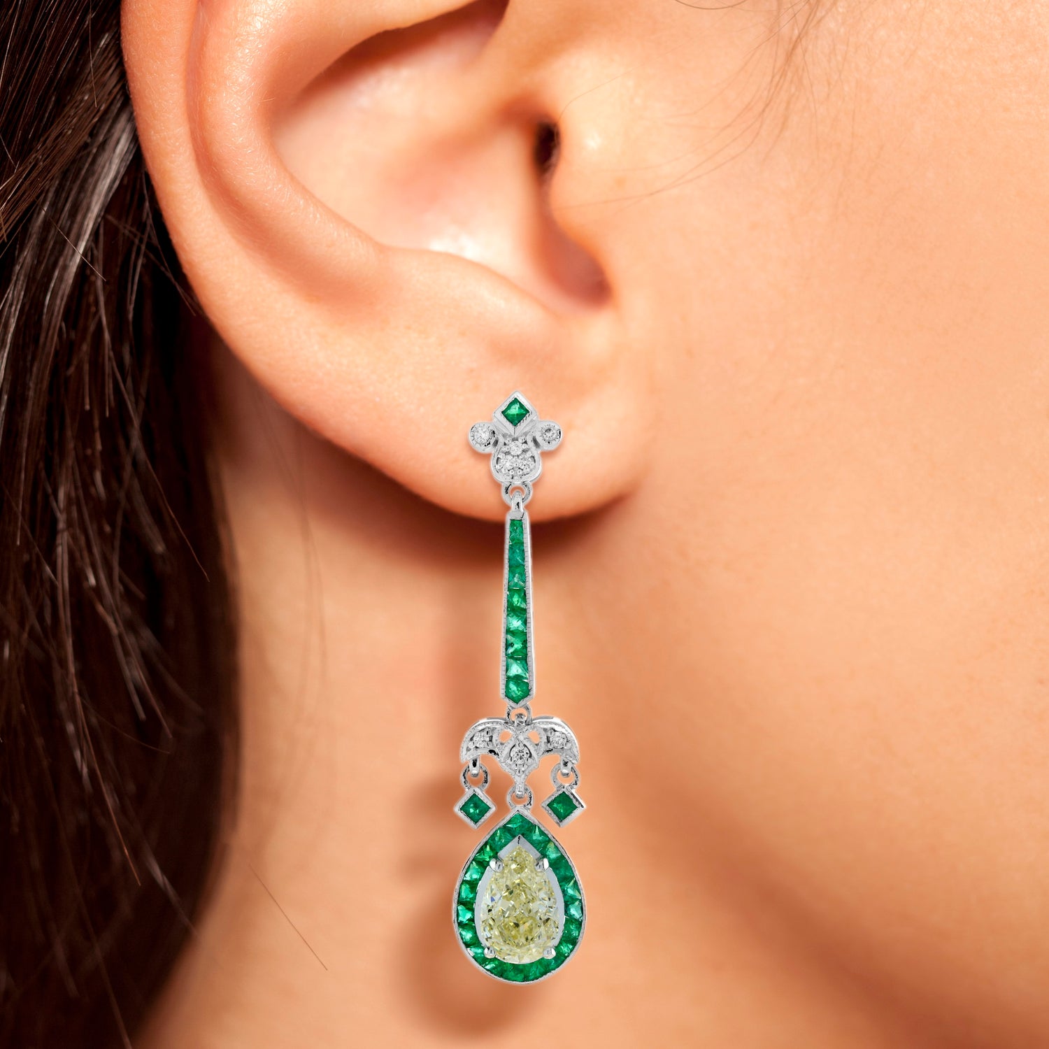 GIA Light Yellow Diamond &amp; Green Emerald Art Deco Style 18K White Gold Earrings