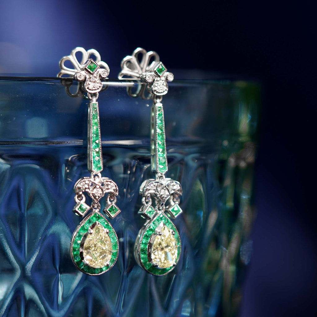 GIA Light Yellow Diamond & Green Emerald Art Deco Style 18K White Gold Earrings