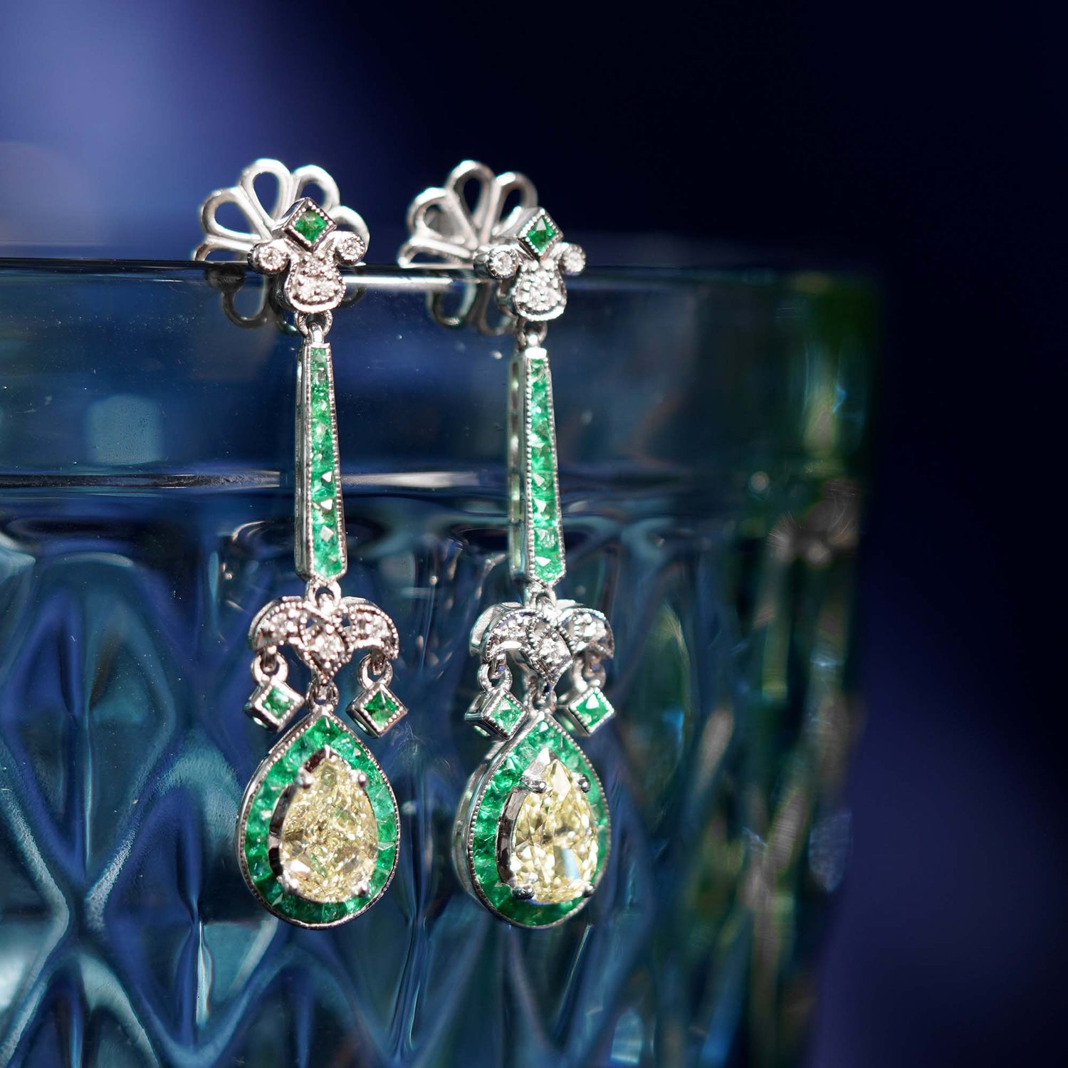 GIA Light Yellow Diamond &amp; Green Emerald Art Deco Style 18K White Gold Earrings
