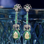 GIA Light Yellow Diamond & Green Emerald Art Deco Style 18K White Gold Earrings
